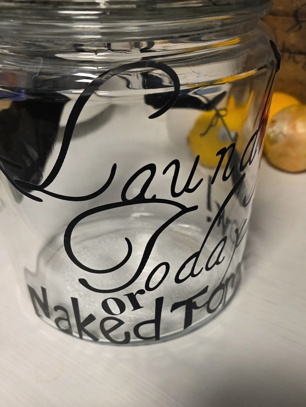 Clear Glass Laundry Jar with Black Script